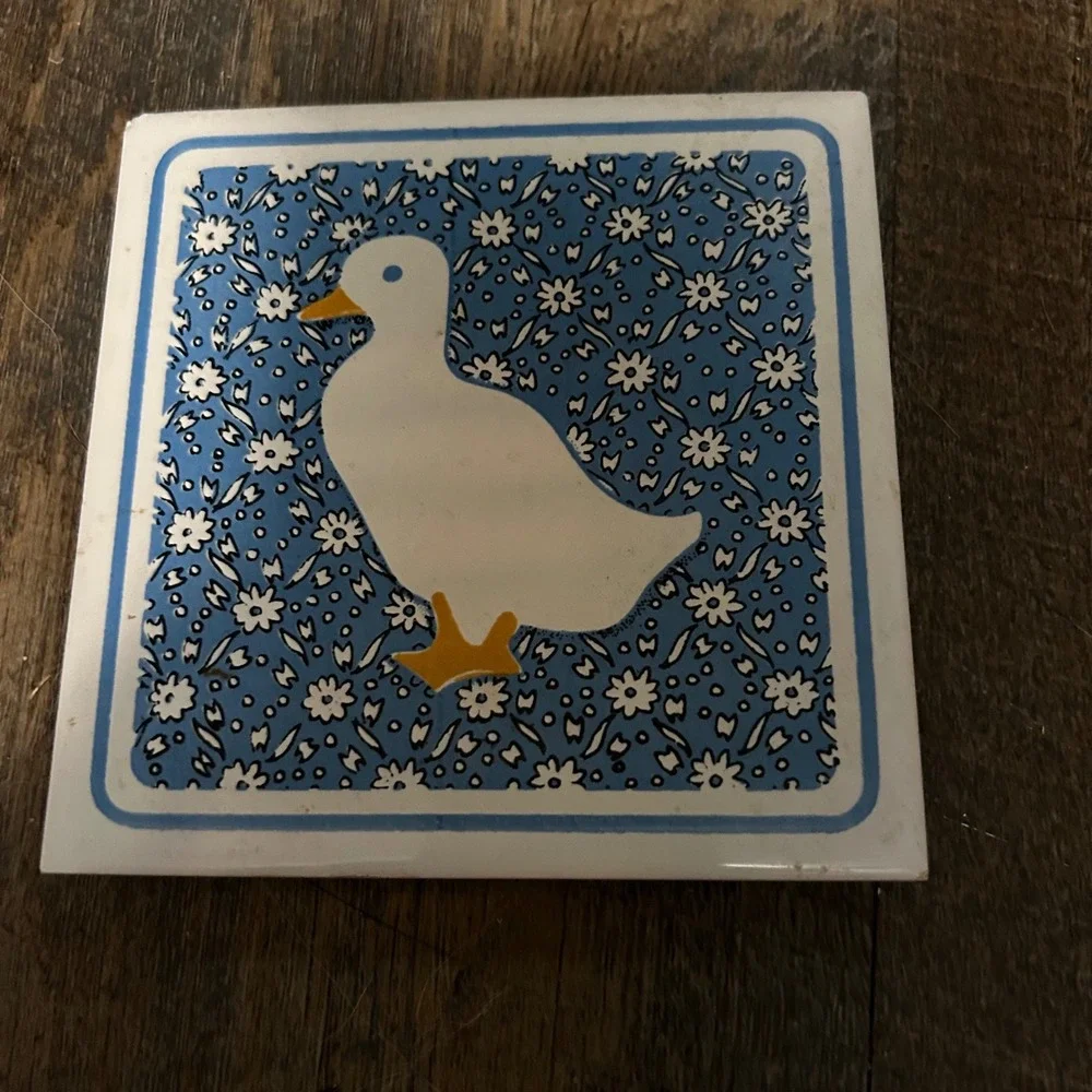Vintage Country Goose Kitchen Set 2 Metal Tins and 1 Ceramic Trivet Blue Ribbon